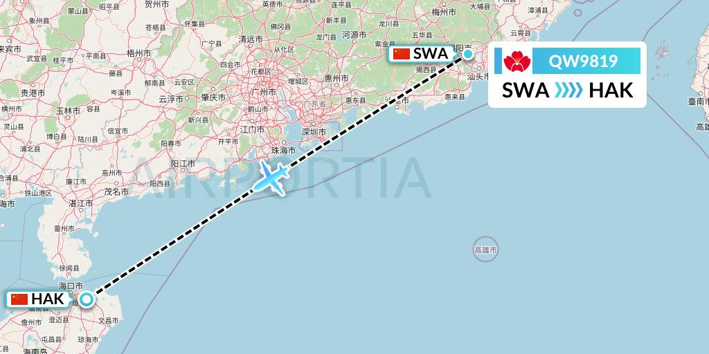 QW9819 Qingdao Airlines Flight Map: Jieyang to Haikou