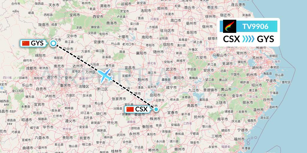TV9906 Tibet Airlines Flight Map: Changsha to Guangyuan