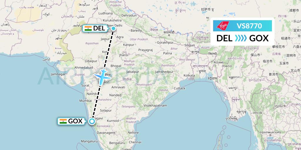 VS8770 Virgin Atlantic Airways Flight Map: Delhi to Goa