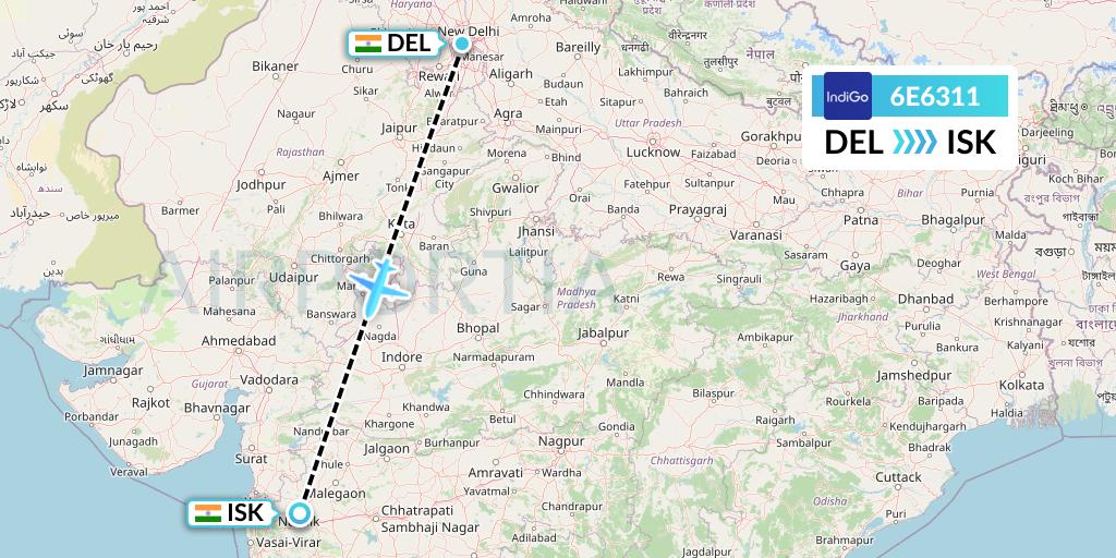 6E6311 IndiGo Airlines Flight Map: Delhi to Nashik