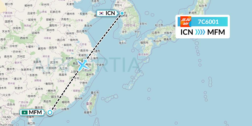 7C6001 Jeju Air Flight Map: Seoul to Macau