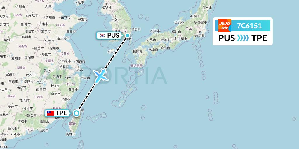 7C6151 Jeju Air Flight Map: Busan to Taipei