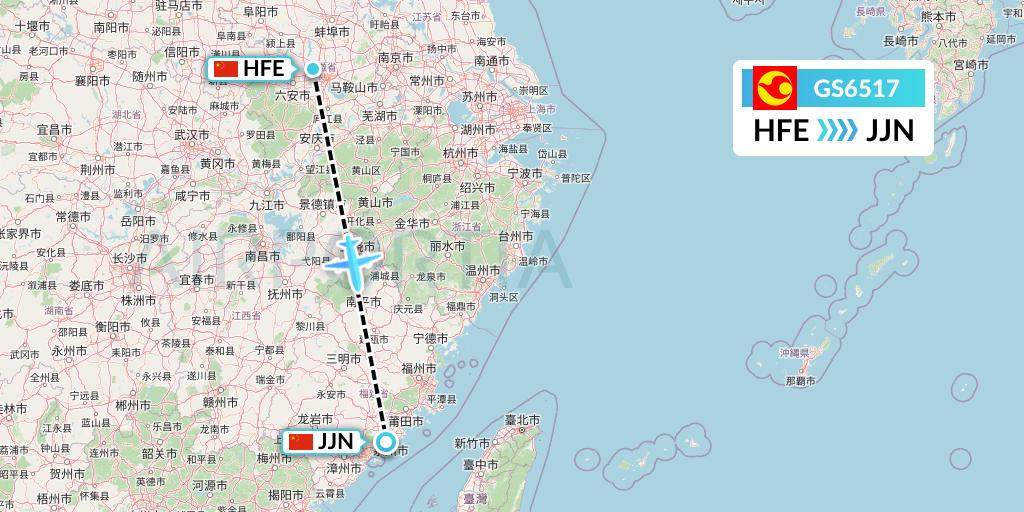 GS6517 Tianjin Airlines Flight Map: Hefei to Jinjiang