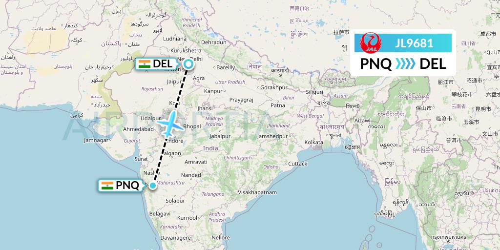 JL9681 Japan Airlines Flight Map: Pune to Delhi