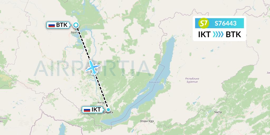 S76443 S7 Airlines Flight Map: Irkutsk to Bratsk