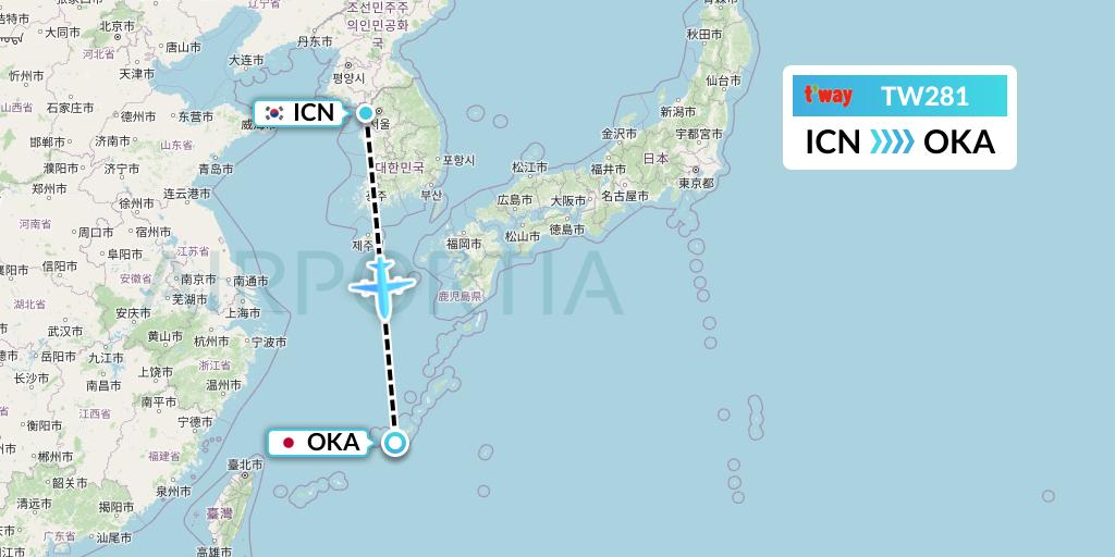 TW281 T'way Air Flight Map: Seoul to Naha