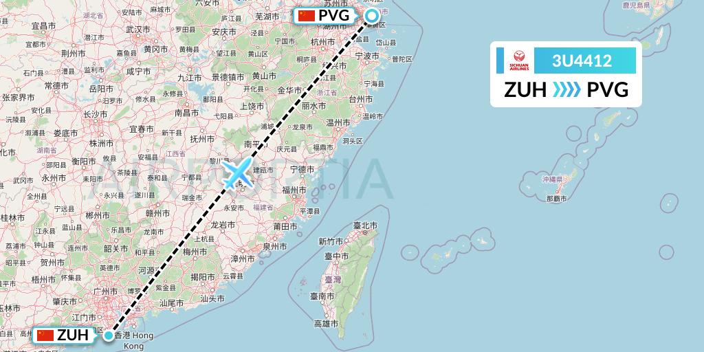 3U4412 Sichuan Airlines Flight Map: Zhuhai to Shanghai