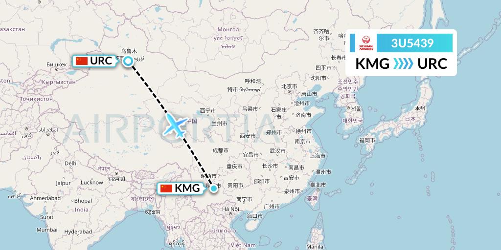 3U5439 Sichuan Airlines Flight Map: Kunming to Urumqi