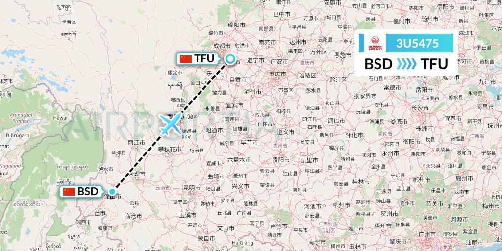 3U5475 Sichuan Airlines Flight Map: Baoshan to Chengdu