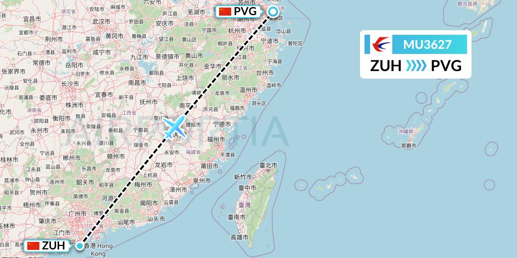MU3627 China Eastern Airlines Flight Map: Zhuhai to Shanghai