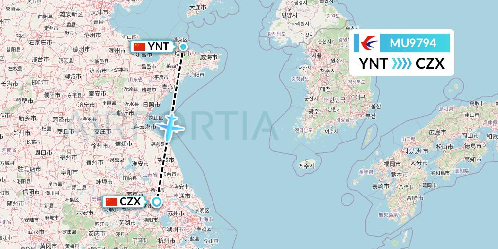 MU9794 China Eastern Airlines Flight Map: Yantai to Changzhou