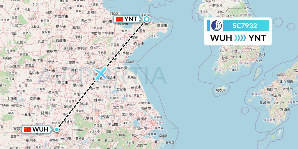 SC7932 Shandong Airlines Flight Map: Wuhan to Yantai