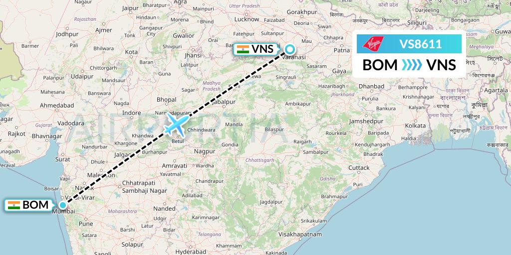 VS8611 Virgin Atlantic Airways Flight Map: Mumbai to Varanasi