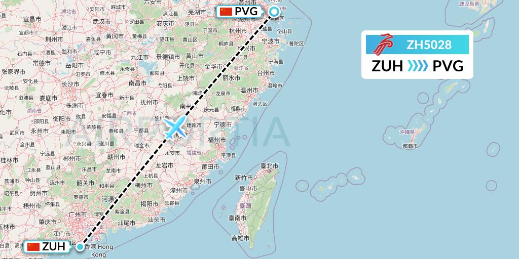 ZH5028 Shenzhen Airlines Flight Map: Zhuhai to Shanghai