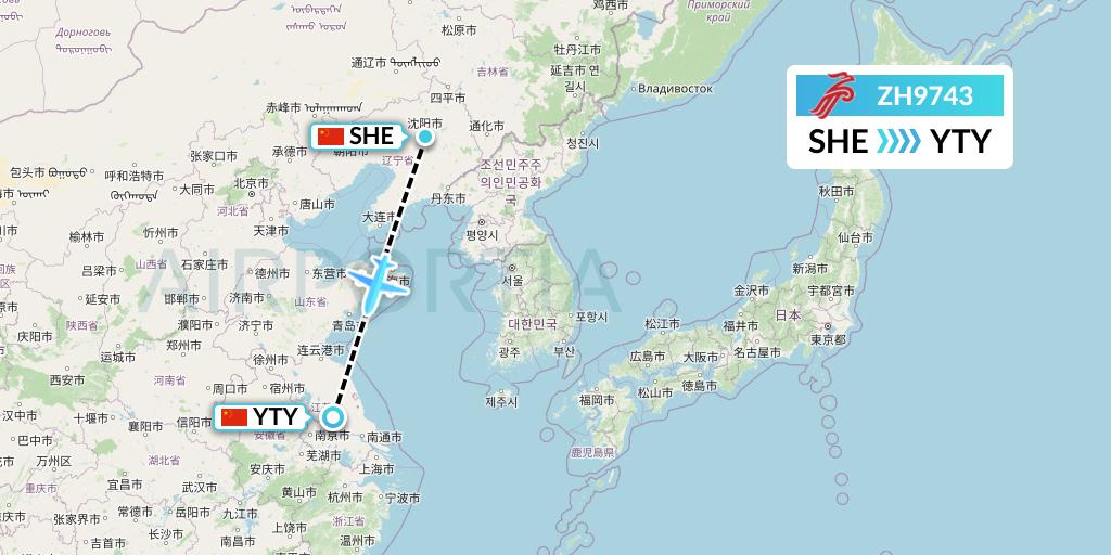 ZH9743 Shenzhen Airlines Flight Map: Shenyang to Yangzhou