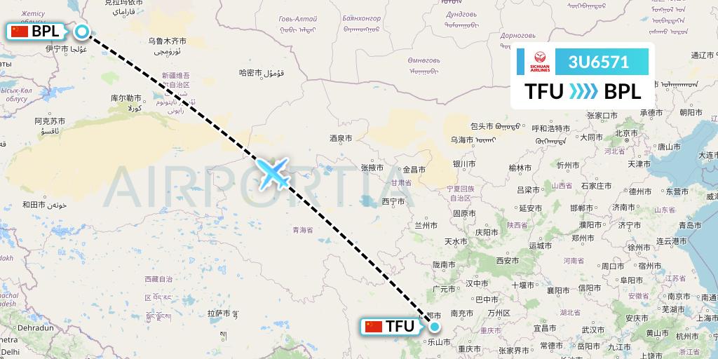 3U6571 Sichuan Airlines Flight Map: Chengdu to Bole
