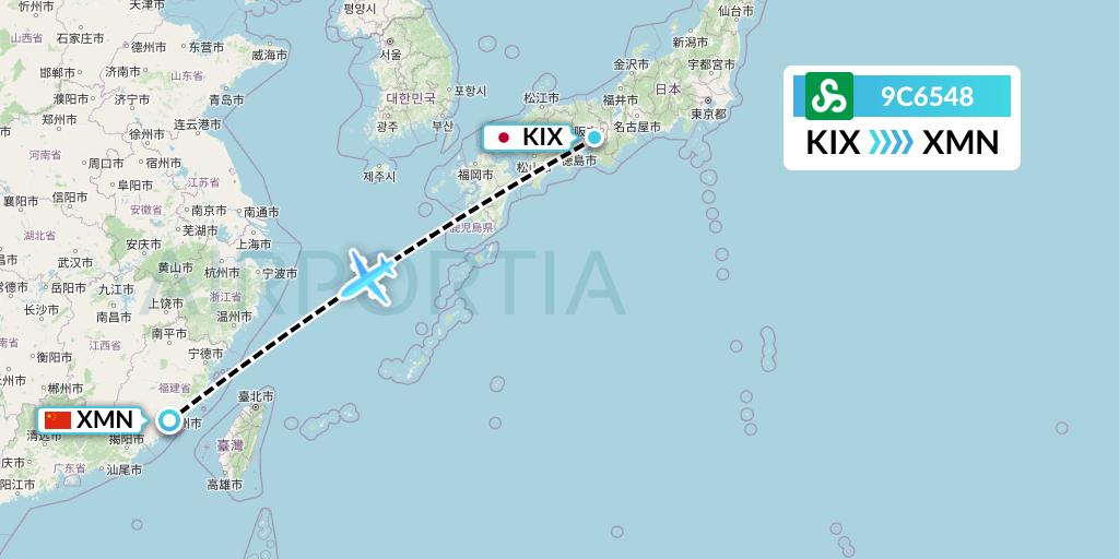 9C6548 Spring Airlines Flight Map: Osaka to Xiamen