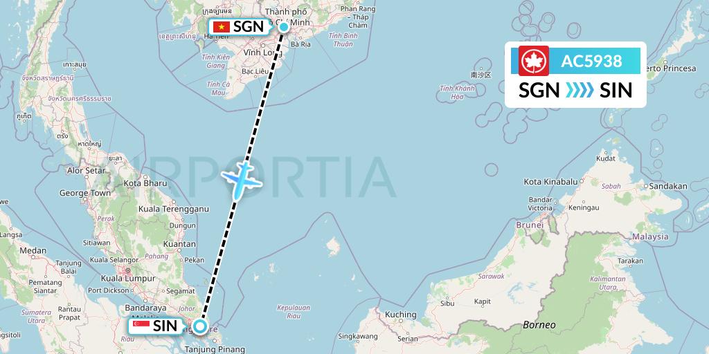 AC5938 Air Canada Flight Map: Ho Chi Minh City to Singapore