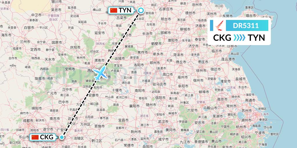 DR5311 Ruili Airlines Flight Map: Chongqing to Taiyuan