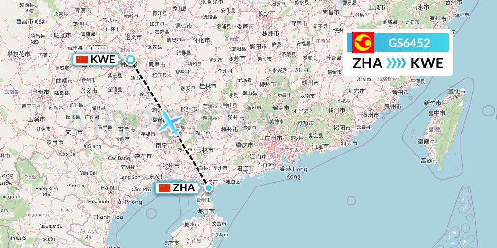 GS6452 Tianjin Airlines Flight Map: Zhanjiang to Guiyang