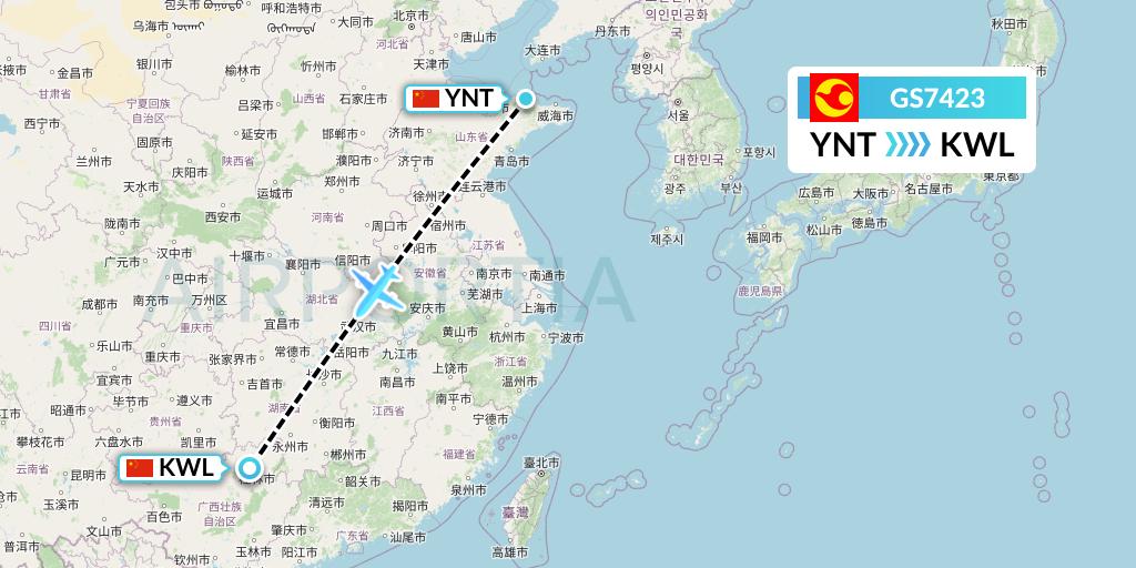 GS7423 Tianjin Airlines Flight Map: Yantai to Guilin