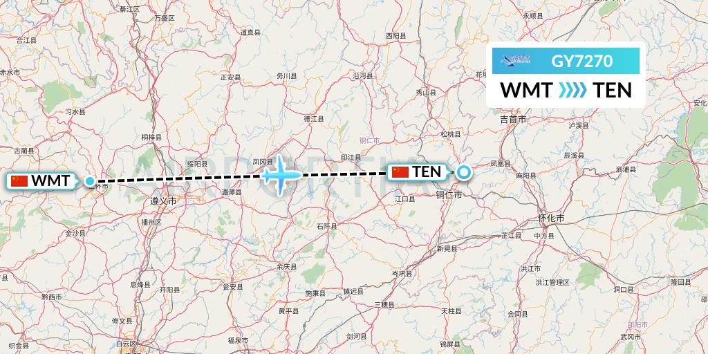 GY7270 Colorful GuiZhou Airlines Flight Map: Zunyi to Tongren