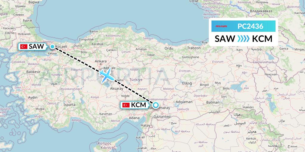 PC2436 Pegasus Airlines Flight Map: Istanbul to Kahramanmaras