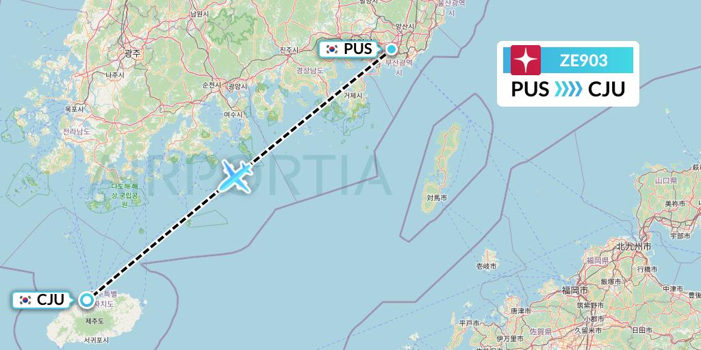 ZE903 Eastar Jet Flight Map: Busan to Jeju