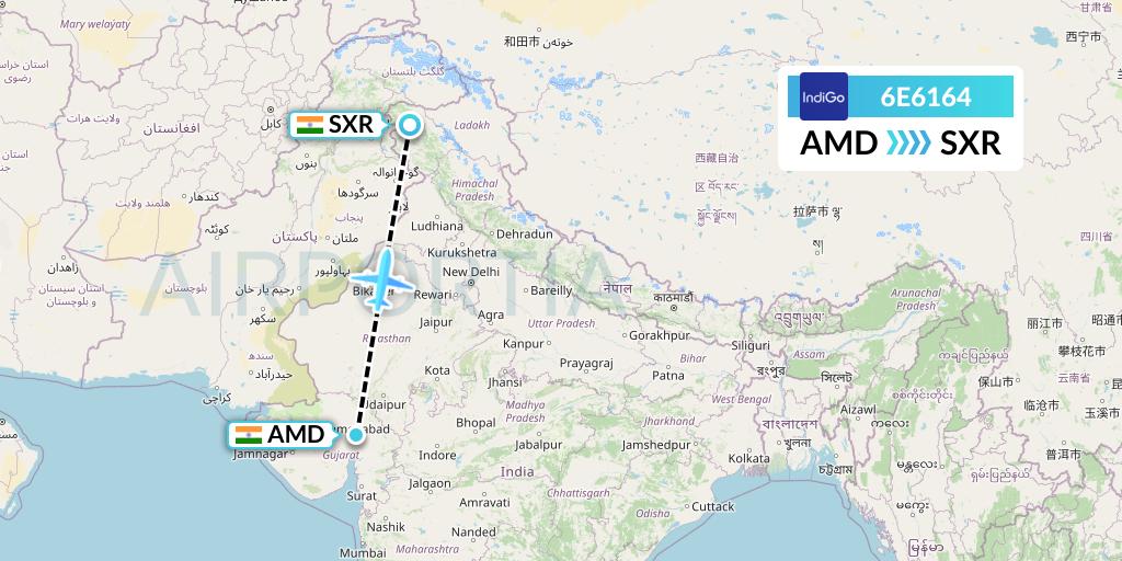 6E6164 IndiGo Airlines Flight Map: Ahmedabad to Srinagar