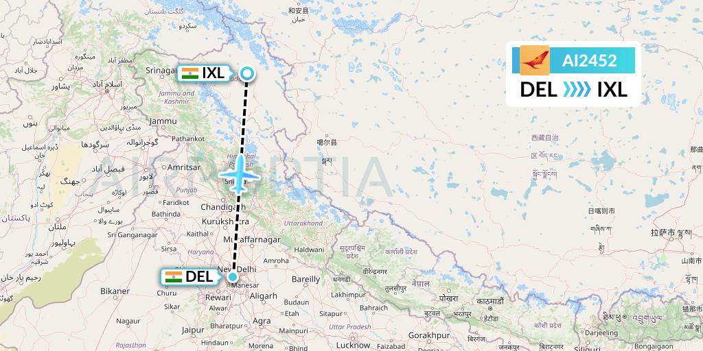 AI2452 Air India Flight Map: Delhi to Leh