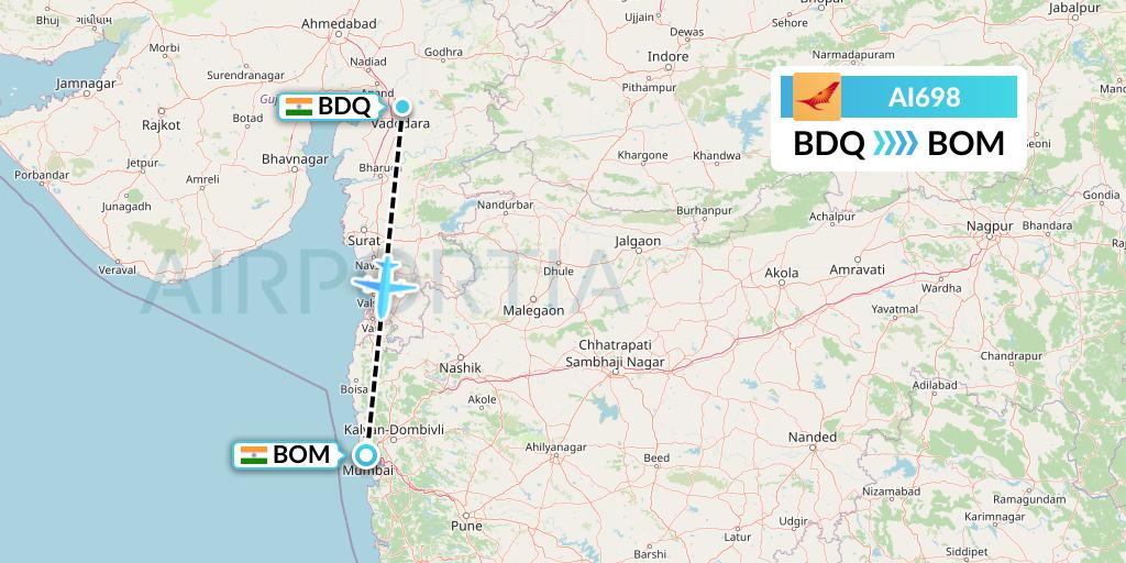 AI698 Air India Flight Map: Vadodara to Mumbai