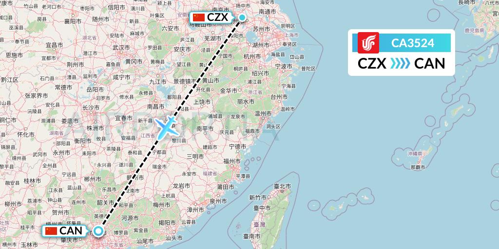 CA3524 Air China Flight Map: Changzhou to Guangzhou