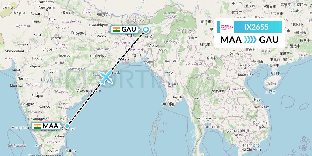 IX2655 Air India Express Flight Map: Chennai to Guwahati