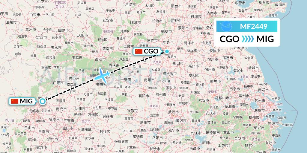 MF2449 Xiamen Airlines Flight Map: Zhengzhou to Mianyang