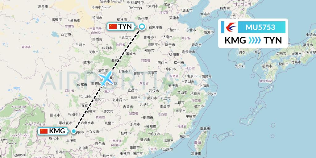 MU5753 China Eastern Airlines Flight Map: Kunming to Taiyuan