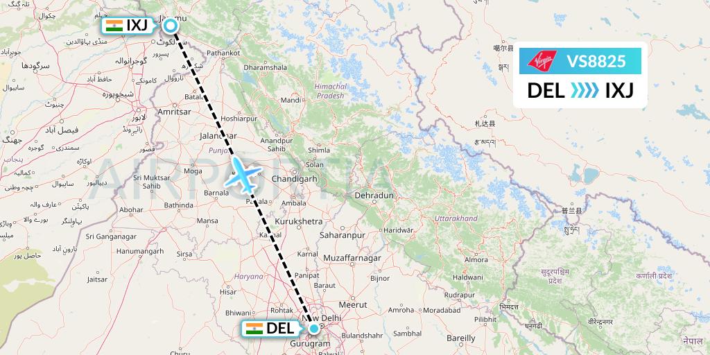 VS8825 Virgin Atlantic Airways Flight Map: Delhi to Jammu
