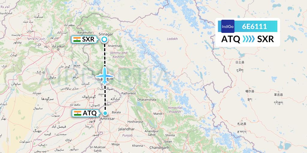 6E6111 IndiGo Airlines Flight Map: Amritsar to Srinagar
