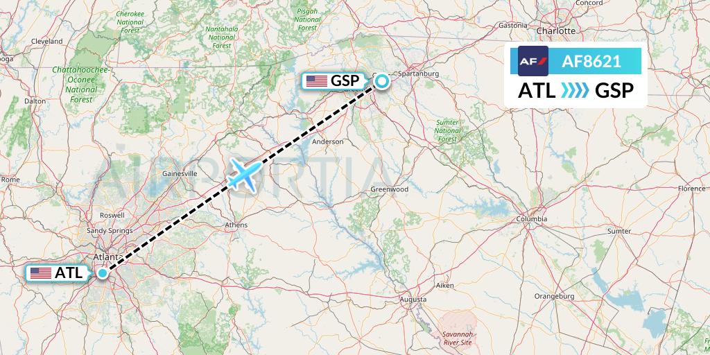 AF8621 Air France Flight Map: Atlanta to Greenville-Spartanburg