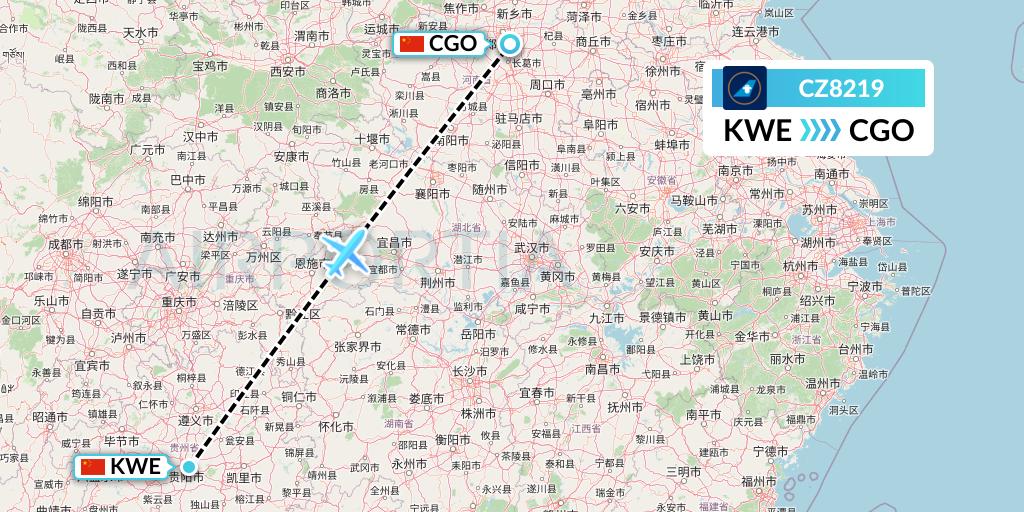 CZ8219 China Southern Airlines Flight Map: Guiyang to Zhengzhou