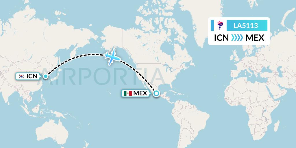 LA5113 LAN Airlines Flight Map: Seoul to Mexico City