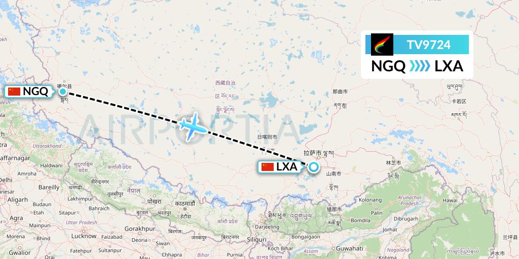 TV9724 Tibet Airlines Flight Map: Ngari to Lhasa