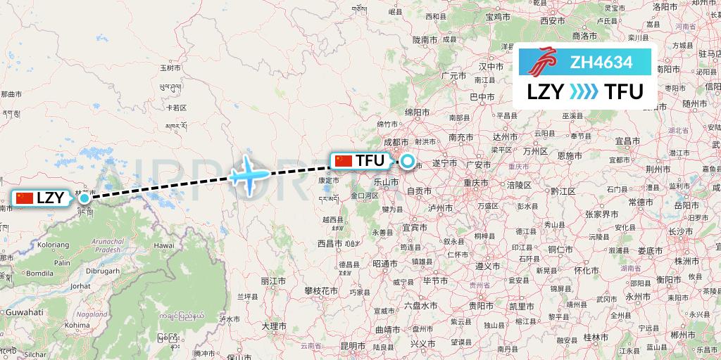 ZH4634 Shenzhen Airlines Flight Map: Nyingchi to Chengdu