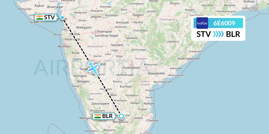 6E6009 IndiGo Airlines Flight Map: Surat to Bangalore