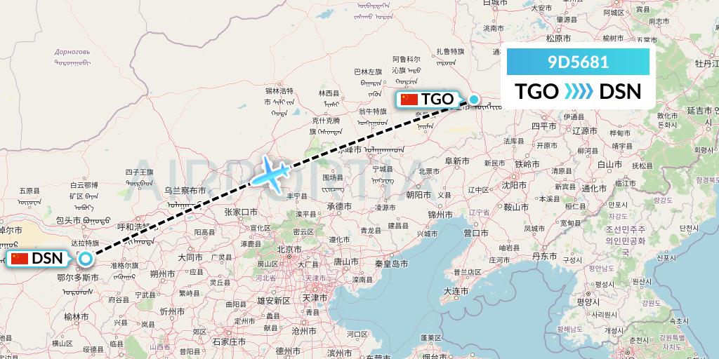 9D5681 Genghis Khan Airlines Flight Map: Tongliao to Dongsheng