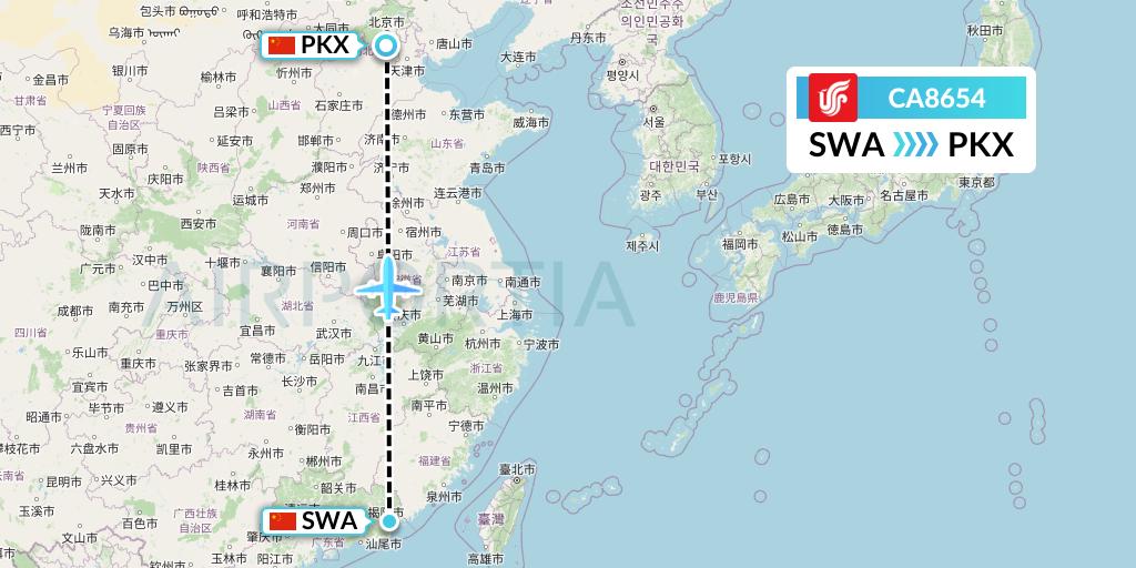 CA8654 Air China Flight Map: Jieyang to Beijing
