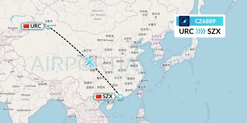 CZ6889 China Southern Airlines Flight Map: Urumqi to Shenzhen