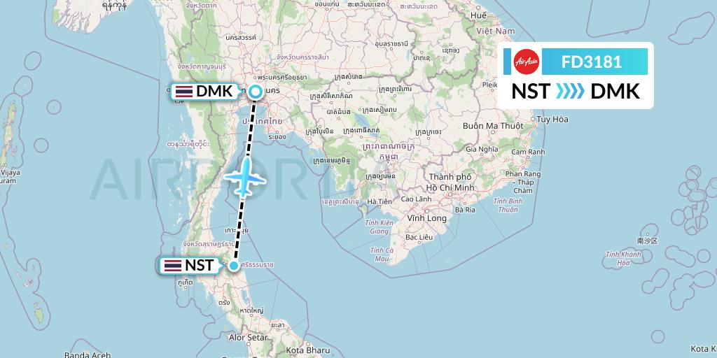 FD3181 Thai AirAsia Flight Map: Nakhon Si Thammarat to Bangkok