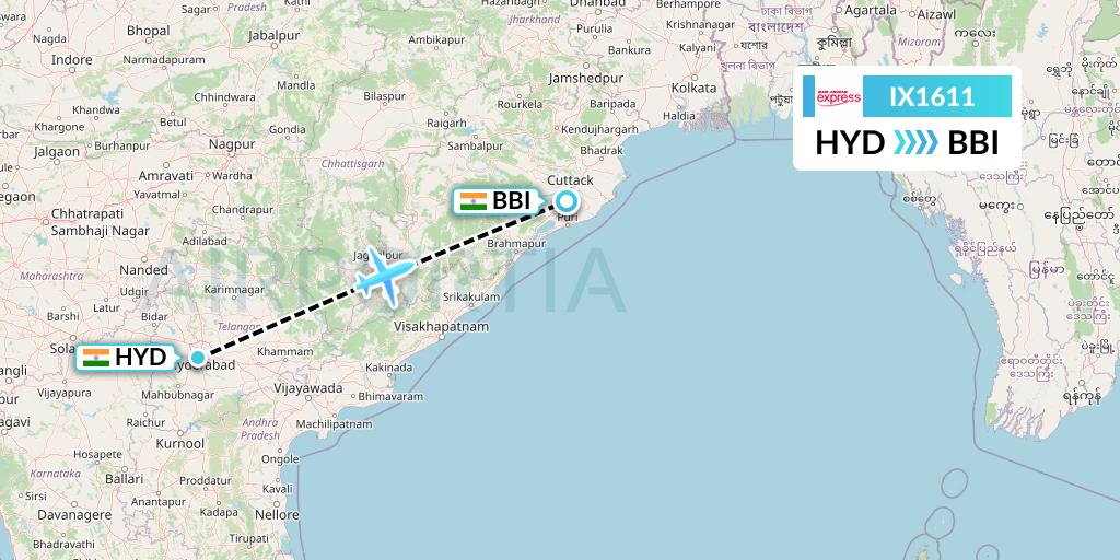 IX1611 Air India Express Flight Map: Hyderabad to Bhubaneswar