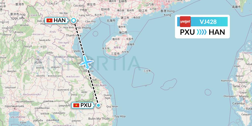 VJ428 VietJet Air Flight Map: Pleiku to Hanoi