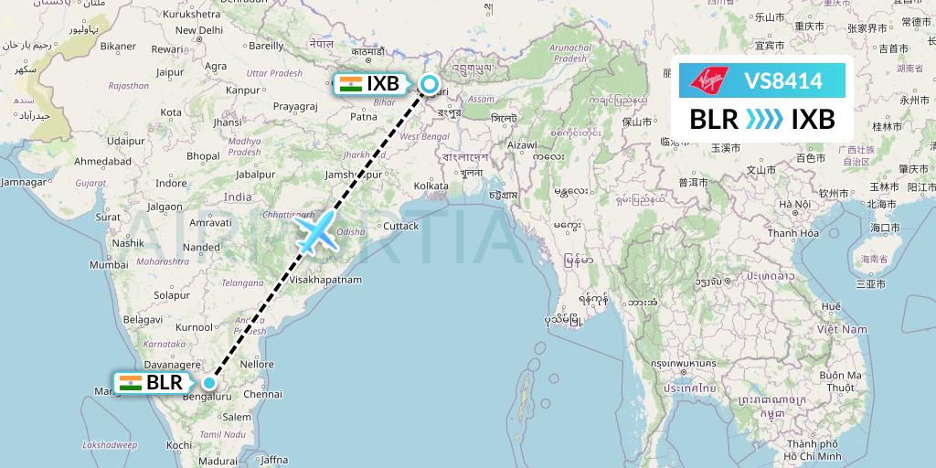 VS8414 Virgin Atlantic Airways Flight Map: Bangalore to Siliguri
